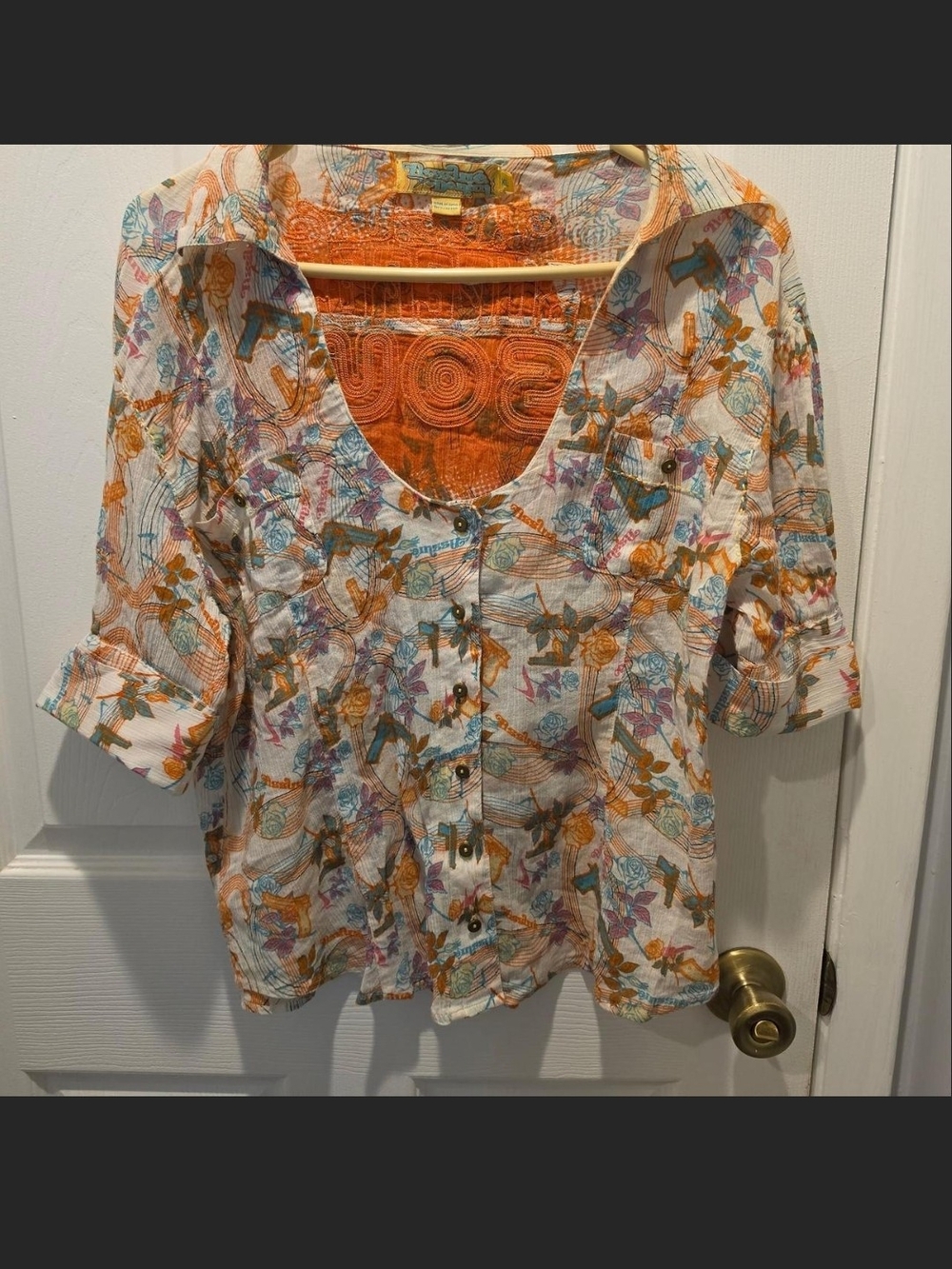 Vintage Da-Nang Boho Azure Denim Artistic Print Blouse